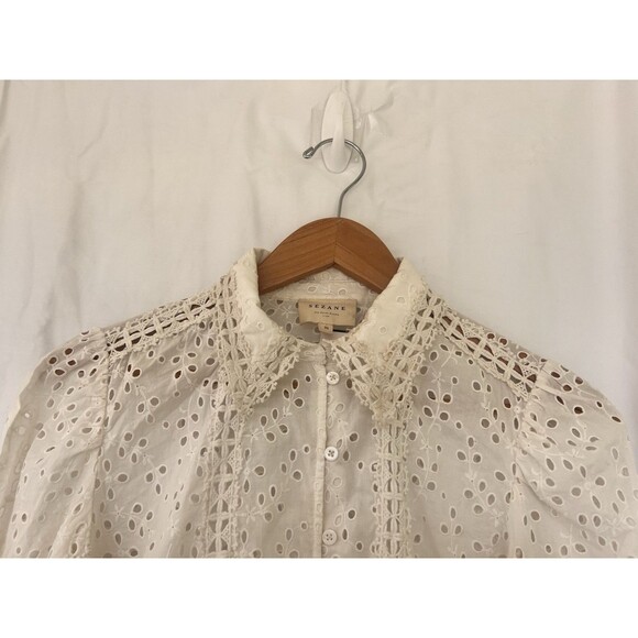 SEZANE Cara Shirt Cream Women’s Size 36 US 4 Eyelet Floral Puff Sleeve Button Up - Picture 9 of 15